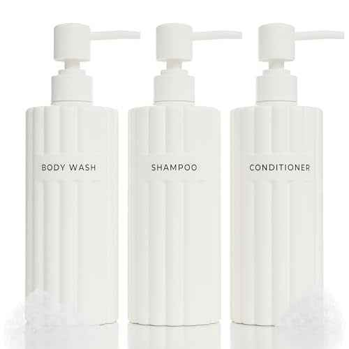 Stylish Shampoo and Conditioner Dispenser Set of 3 - Modern 19oz Shower Soap Bottles with Pump and Labels - Easy to Refill Body Wash Dispensers for an Instant Bathroom Decor Upgrade