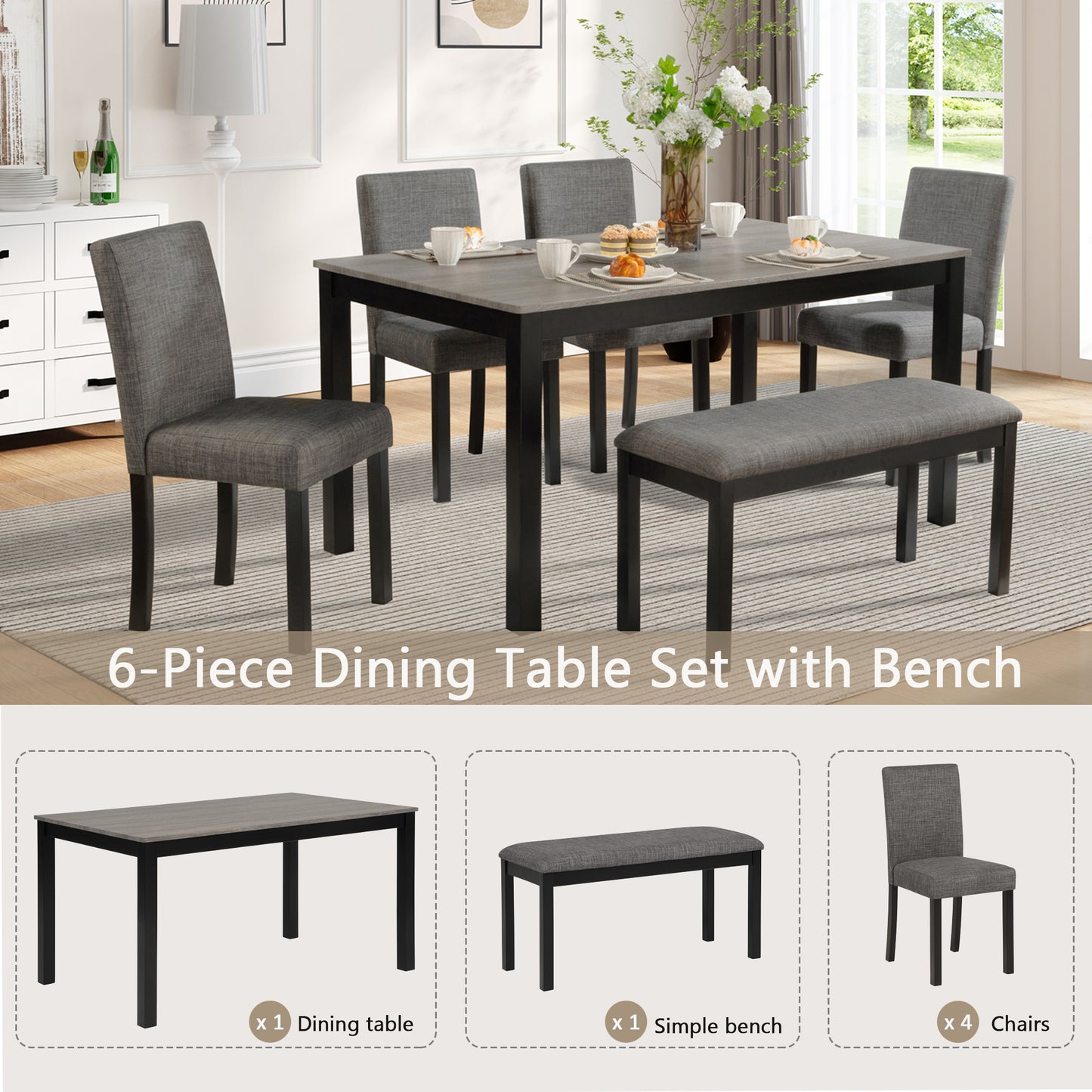 6-Piece Wooden Dining Table Set with Bench & Chairs - Light Grey & Black