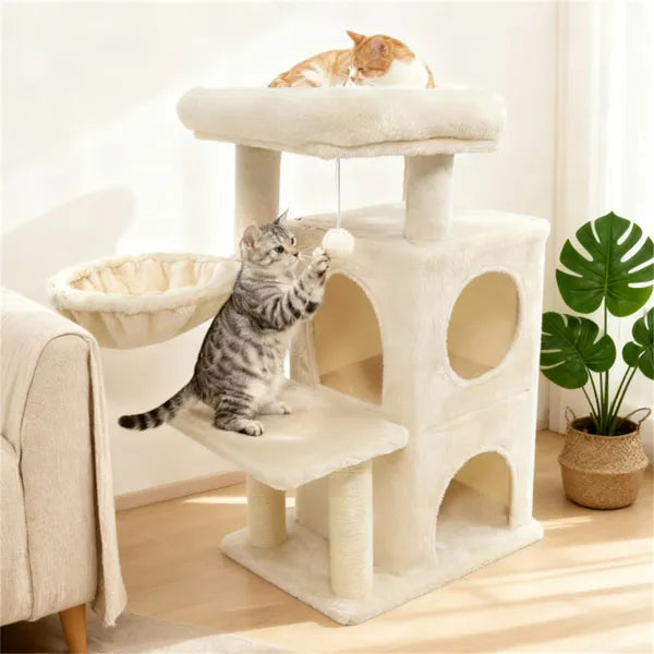 Beige 33.5-Inch Multi-Level Cat Tree with 2-Tier Condo & Sisal Posts