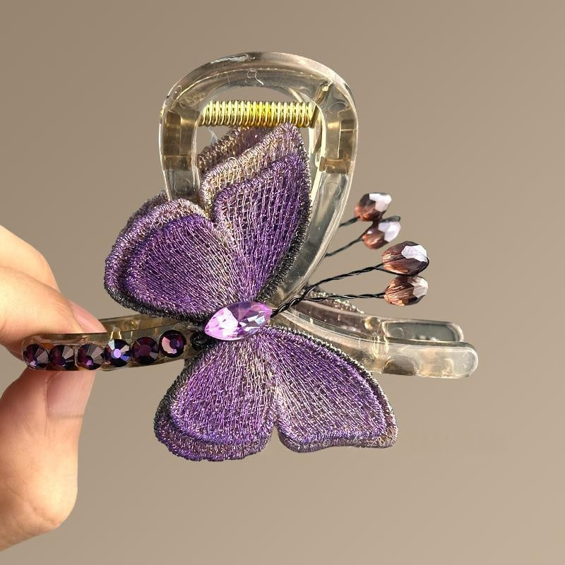 Retro Butterfly Embroidered Hair Clip - Half-up Shark Hair Accessory for Women