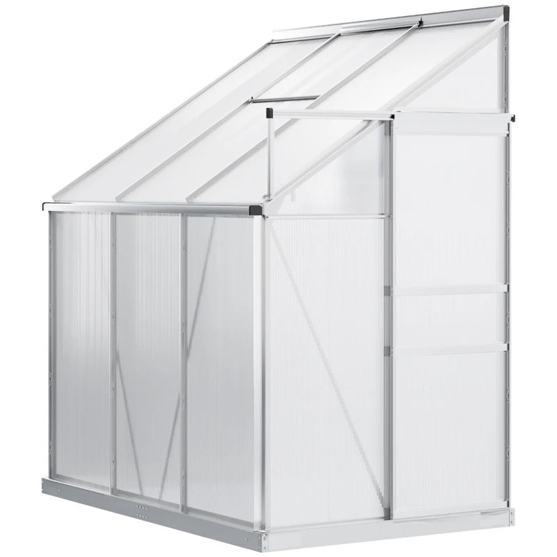 6' x 4' Aluminum Lean-To Greenhouse with Polycarbonate Panels, Adjustable Roof Vent & Rain Gutter