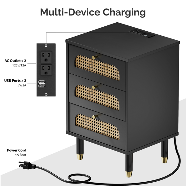3-Drawer Nightstand with Rattan Fronts and Power Outlet - Black