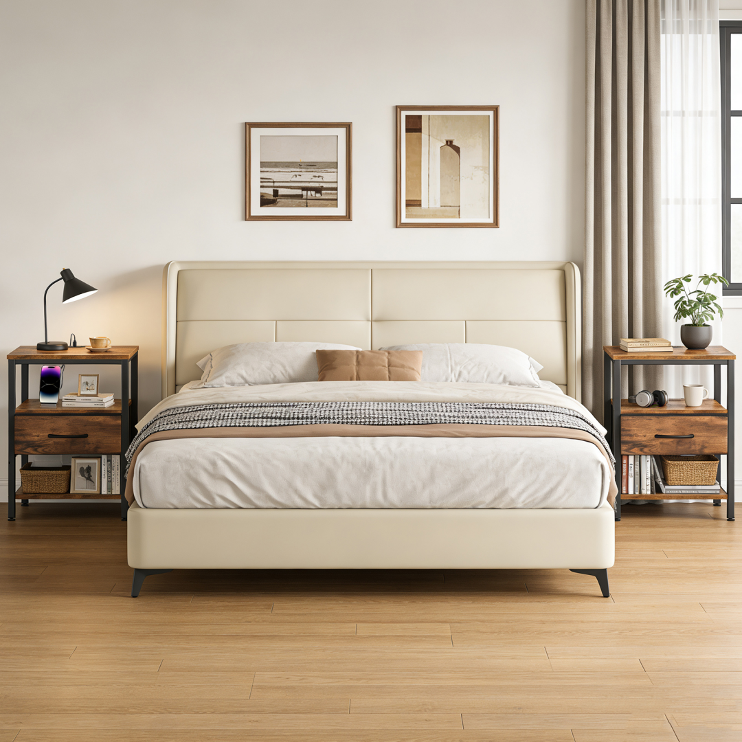 Bedside Table with USB-C Port and Adjustable Fabric Drawers