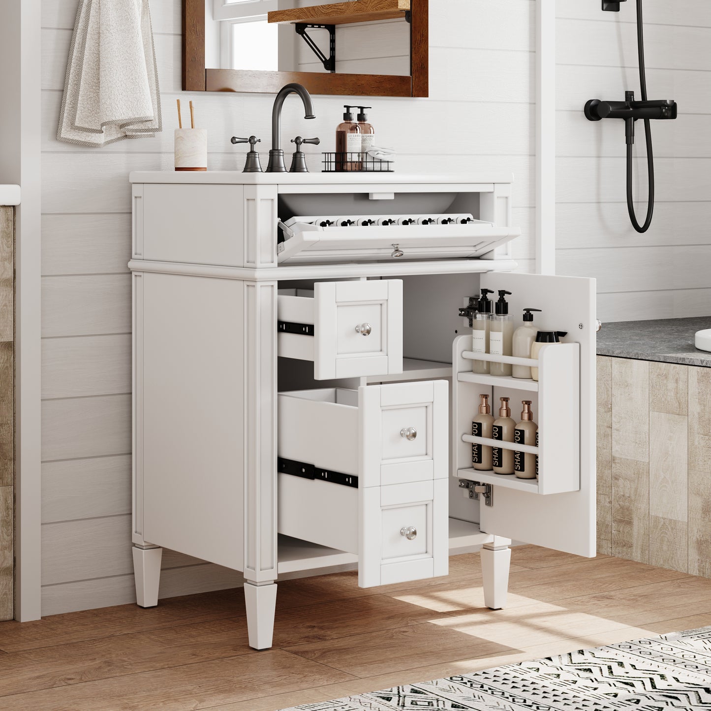 24-Inch Modern Bathroom Vanity with Ceramic Sink & 3 Drawers - White