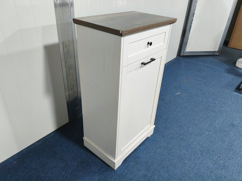 Tilt-Out Trash Cabinet - Freestanding Wood Recycling Bin with Drawer, Antique Brown & White