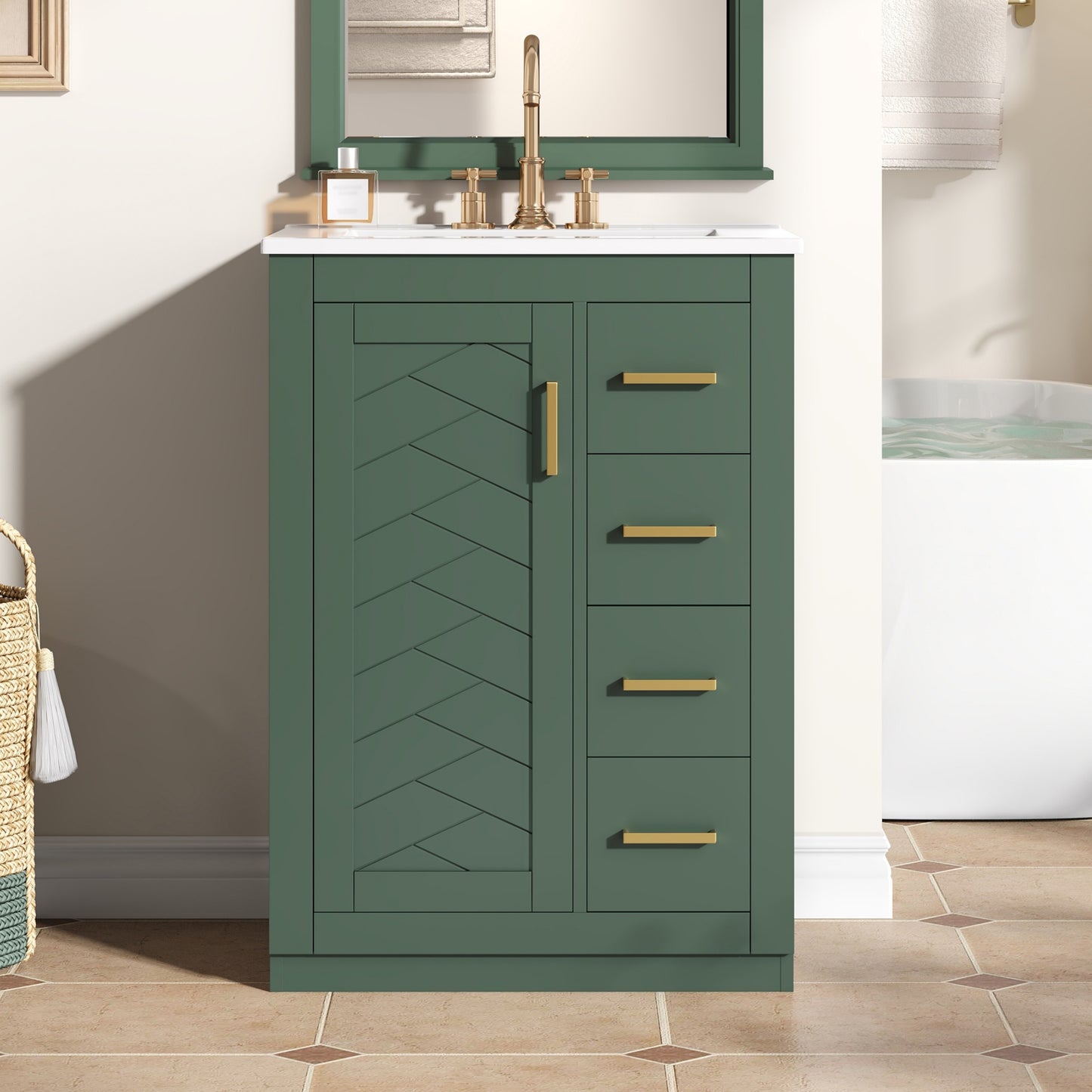 24" Green Bathroom Vanity with Integrated Ceramic Sink & 3 Drawers
