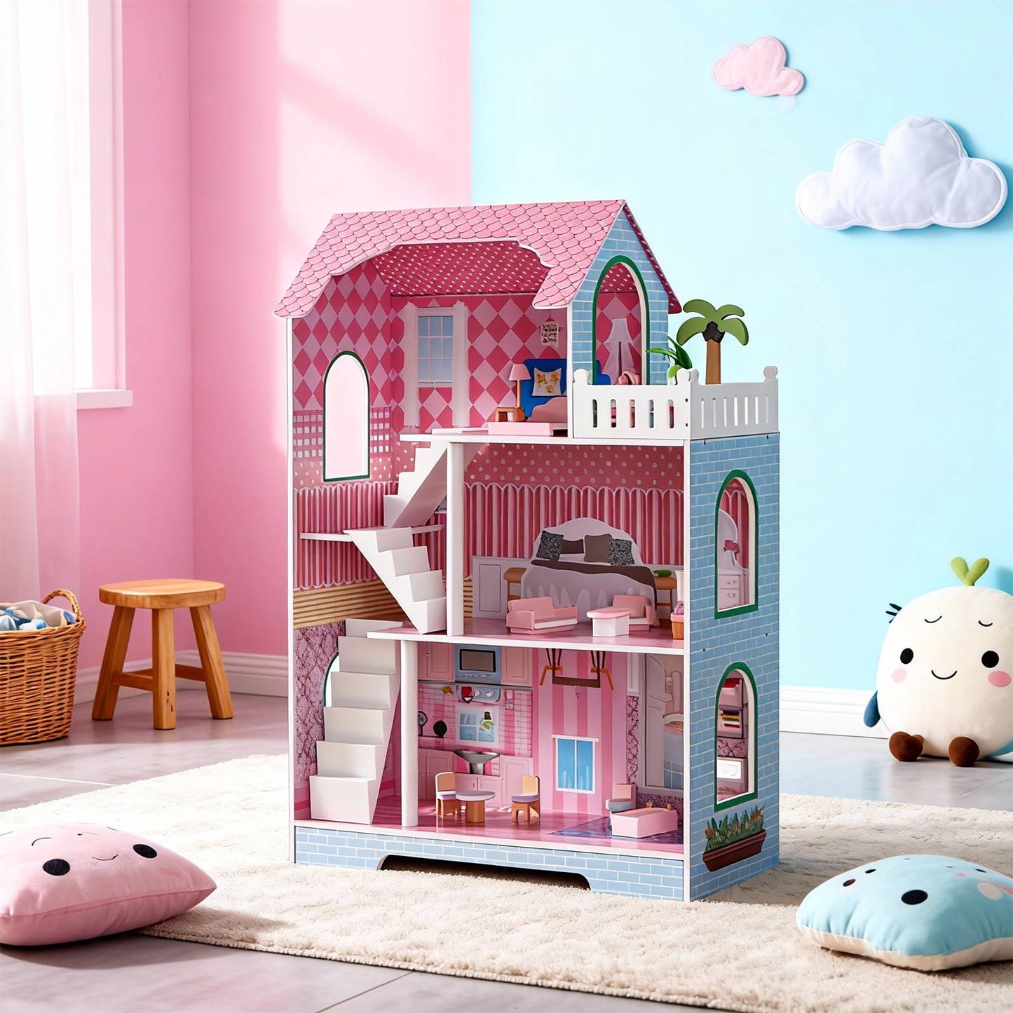 3 Tier Kids Dollhouse With Roof Window And Furniture Wooden Mini Doll