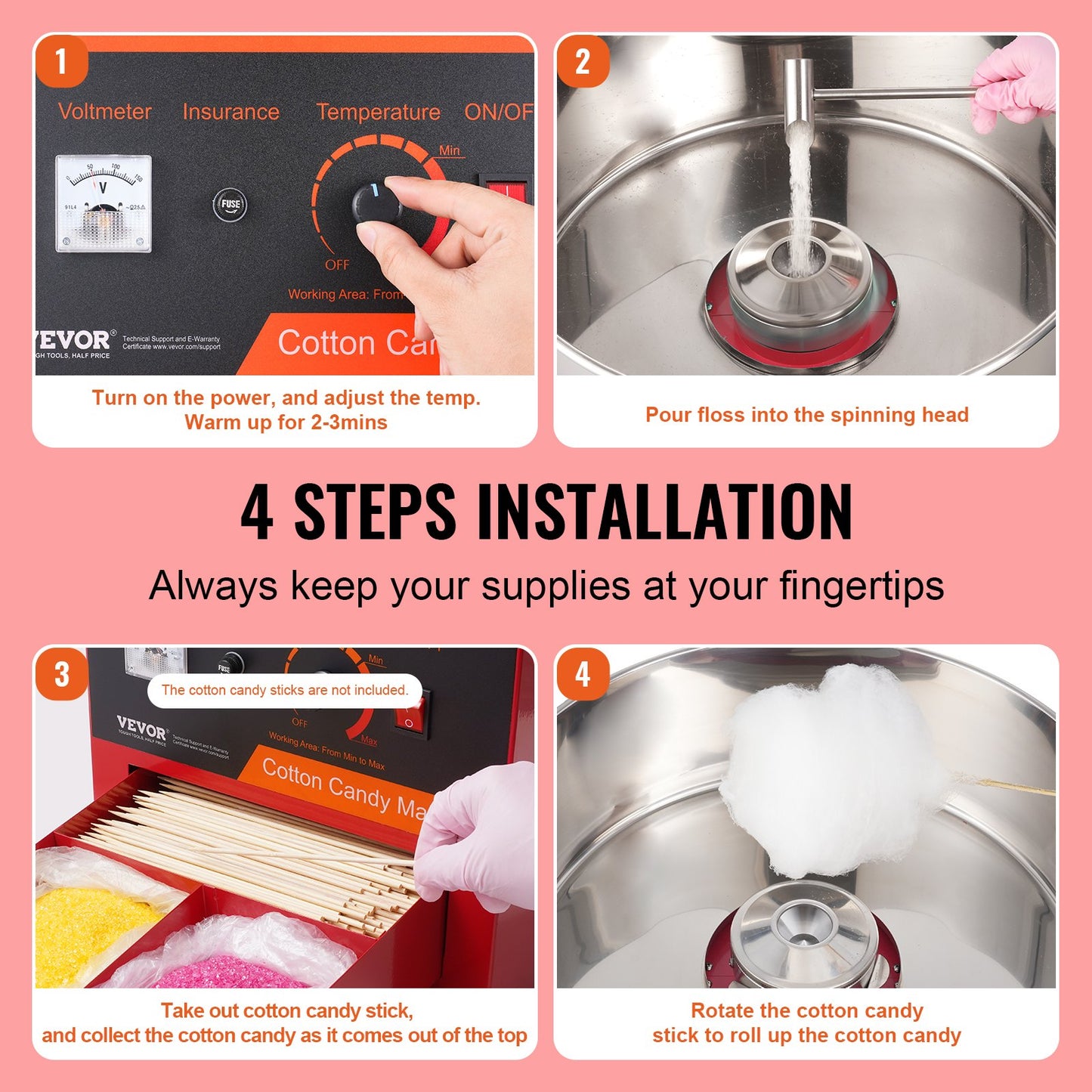 Electric Cotton Candy Machine 1000W Commercial Candy Floss Maker with Stainless Steel Bowl