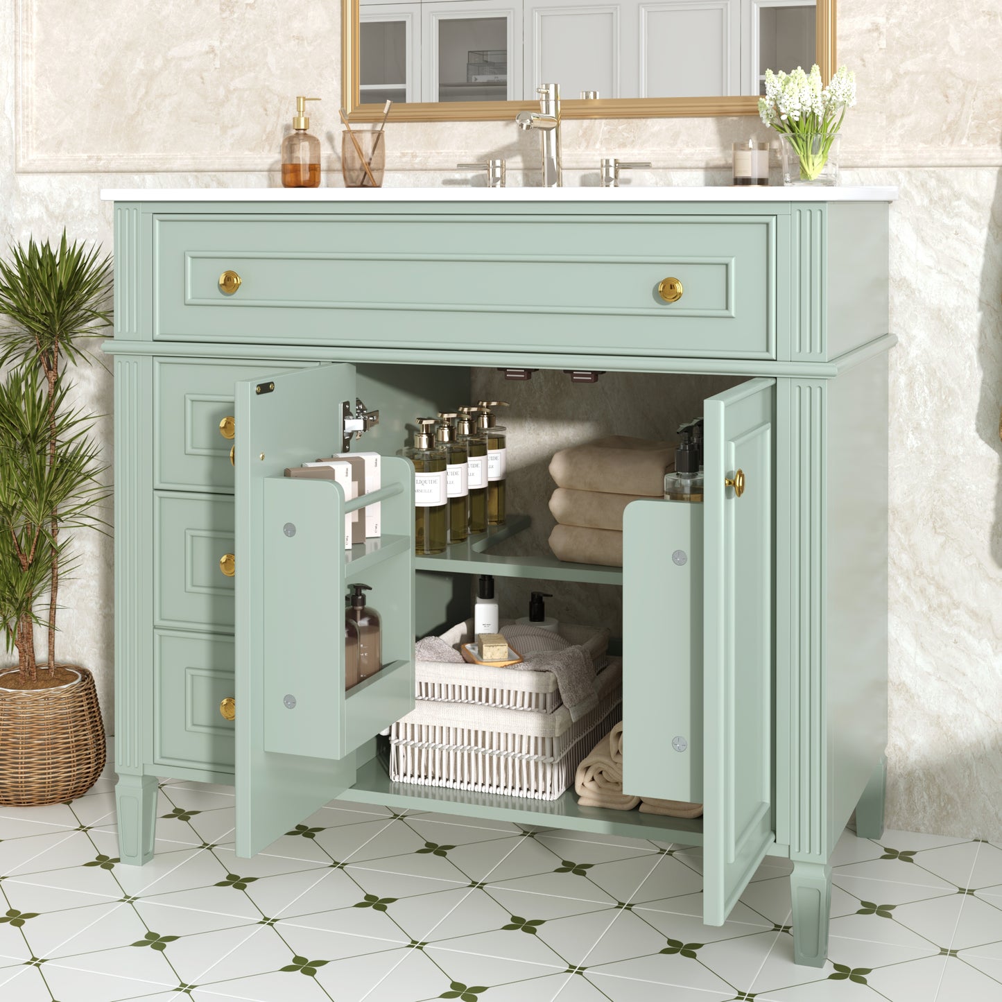 36-Inch Green Bathroom Vanity with Sink, 3 Drawers & Soft-Close Doors