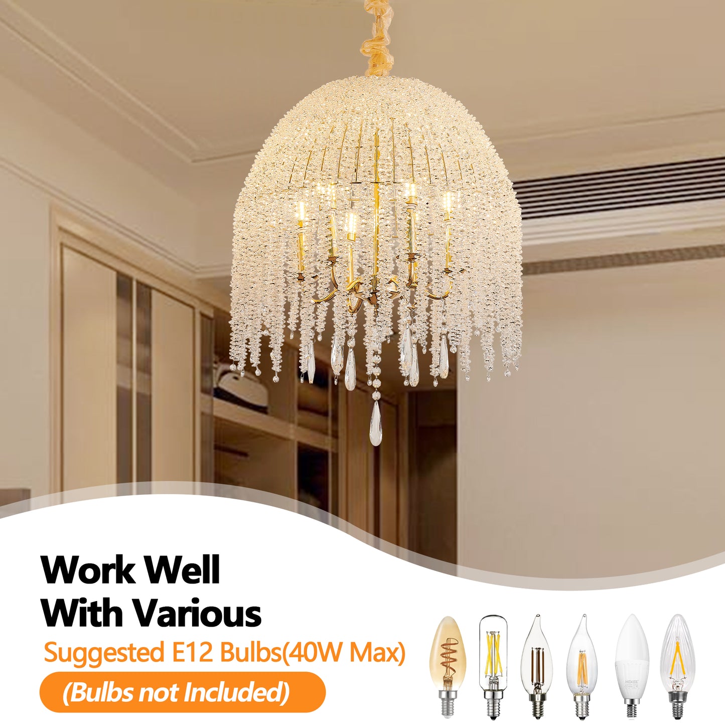 20-Inch K9 Crystal Pendant Light Chandelier - Waterfall Design in Gold