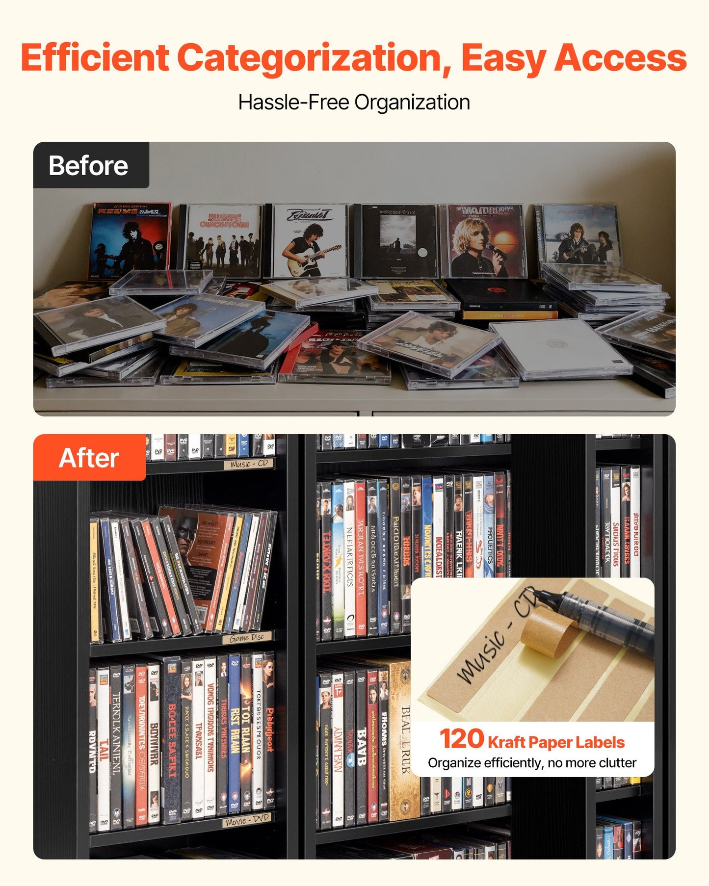 6-Tier Media Storage Cabinet with Doors - DVD & CD Organizer, Black