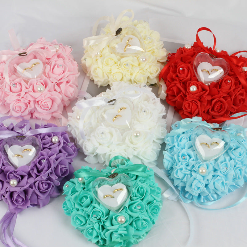 Wedding Pearl Ring Pillow with PE Foam Rose for Bridal Ceremony