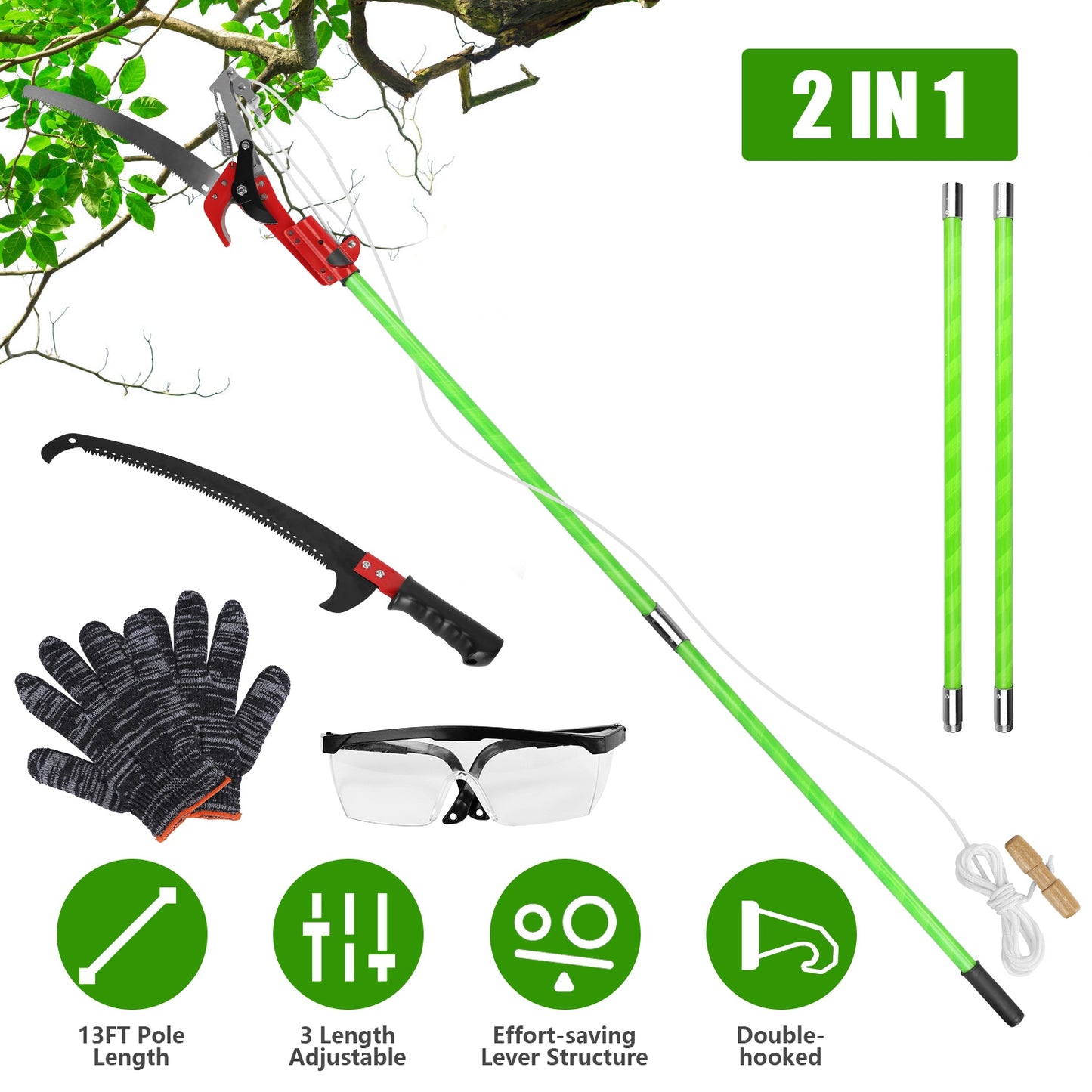 Extendable Manual Pole Saw with Pruner & Saw Blades for Tree Trimming