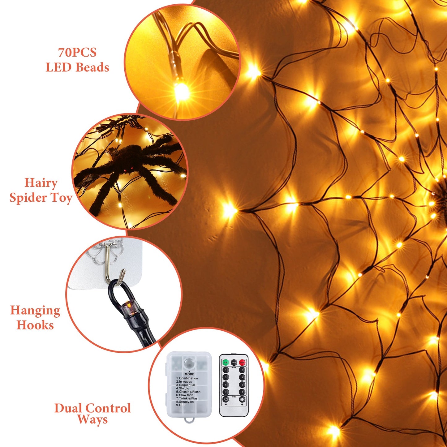 Halloween Spider Web Light with Remote Control - 70 LED, 8 Modes