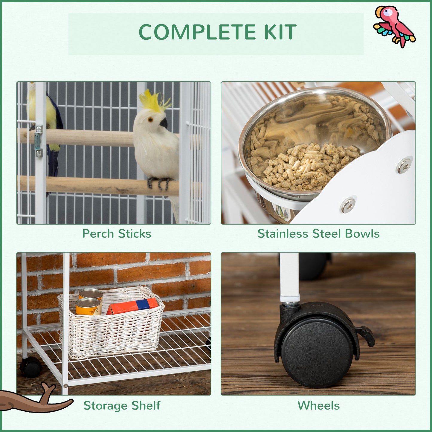 Large 55-Inch Parrot Cage with Rolling Stand, Perches & Food Cups