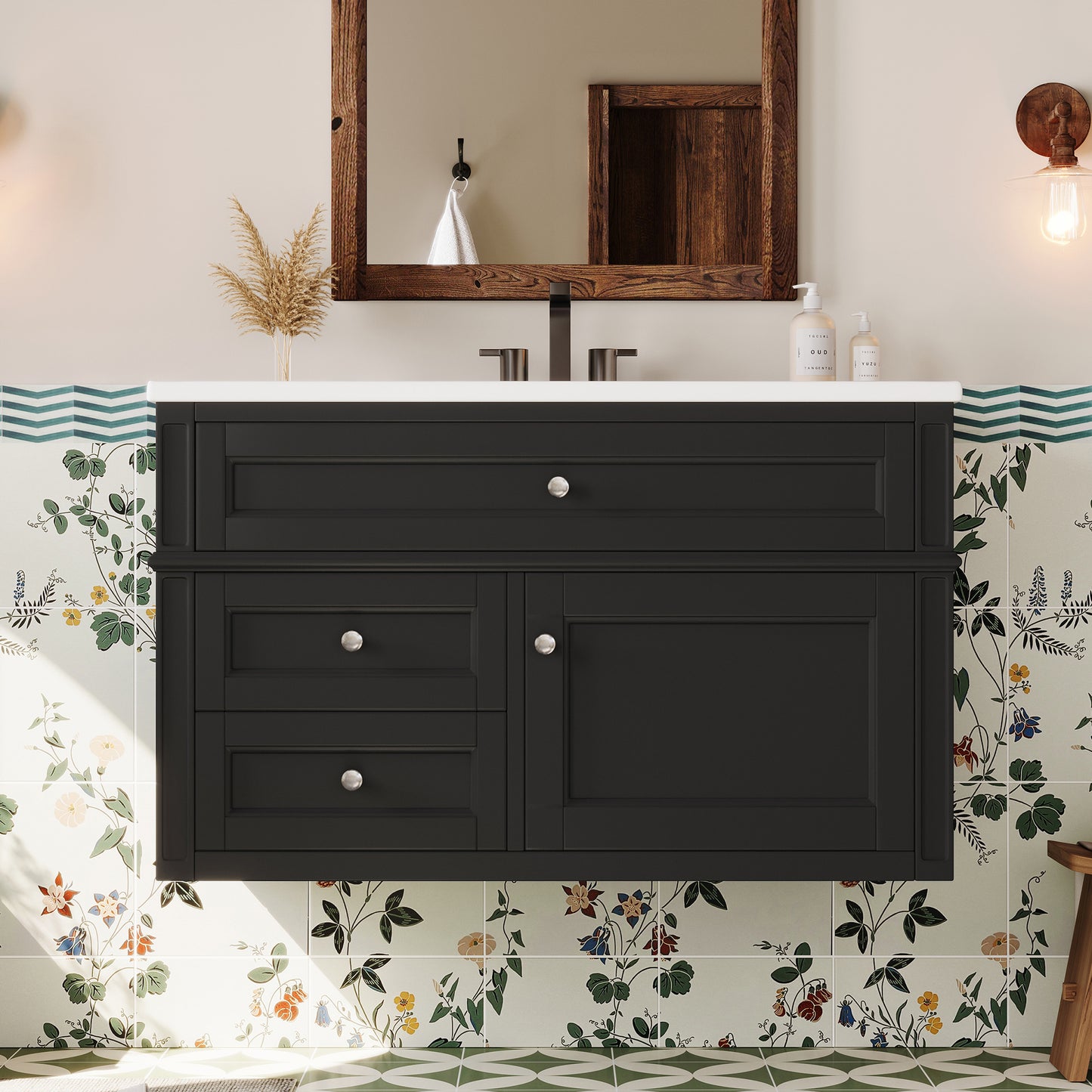 36-Inch Wall Mounted Bathroom Vanity with Ceramic Sink - Black