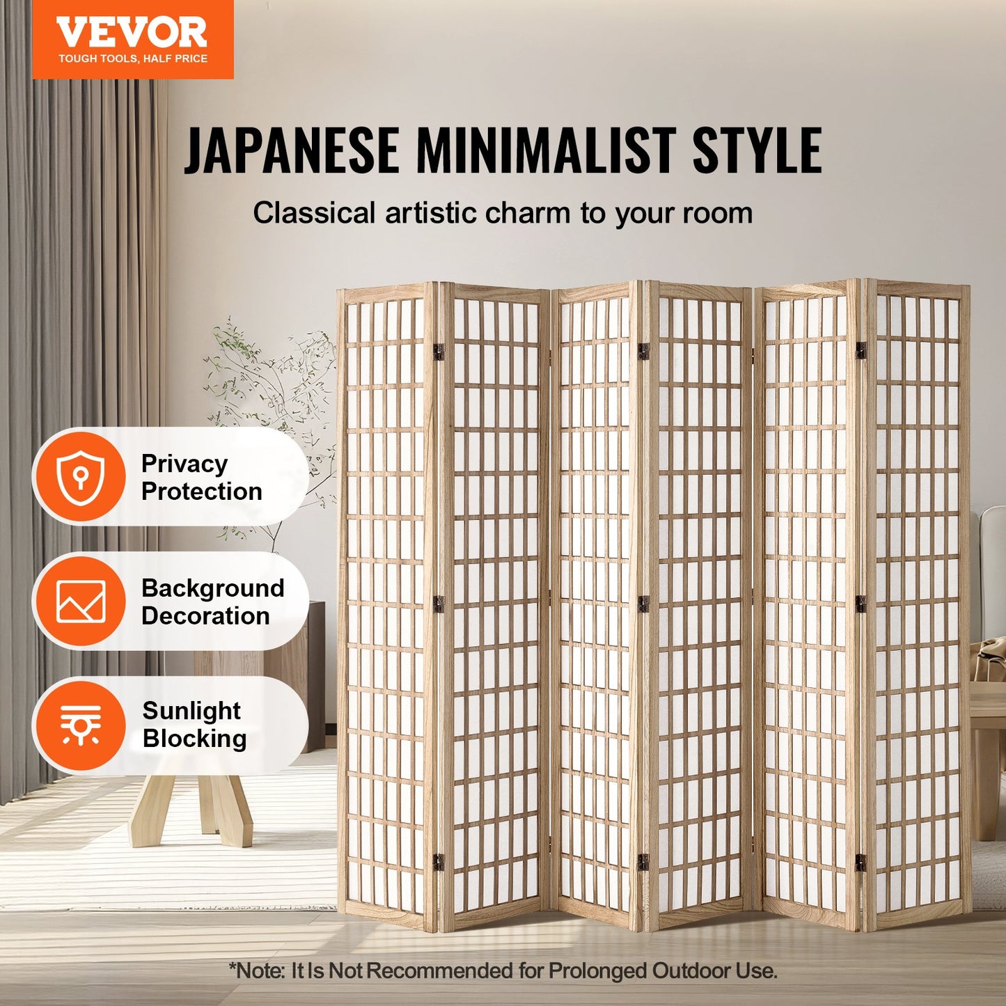 Japanese Wood Folding Room Divider - 6 Panel Privacy Screen