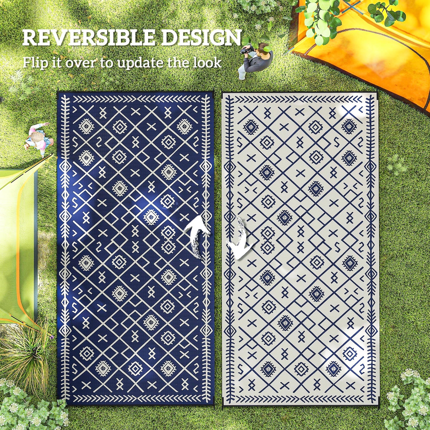 Reversible Outdoor Rug - Waterproof Plastic Straw, 9' x 18', Blue & White Rhombus