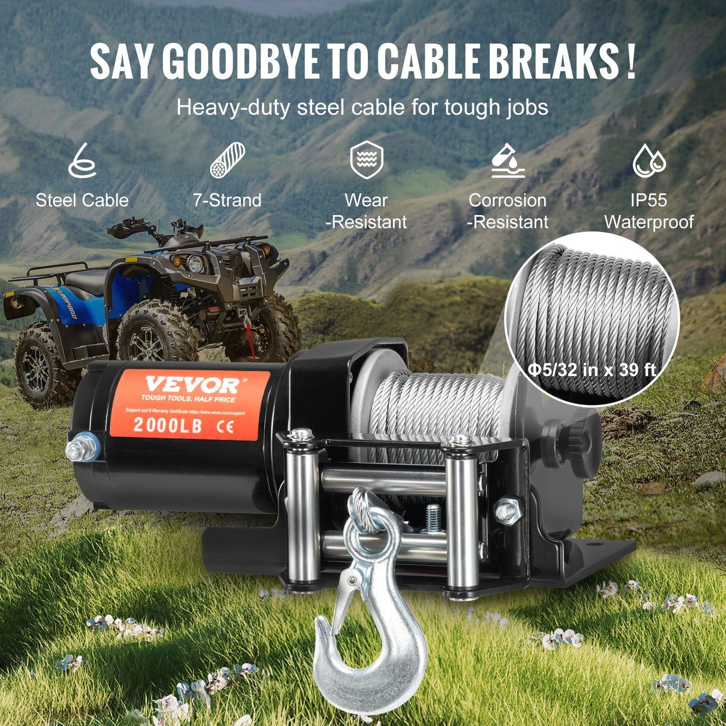 2000Lb Electric Winch for ATV UTV Off-Road Recovery Waterproof Steel Cable