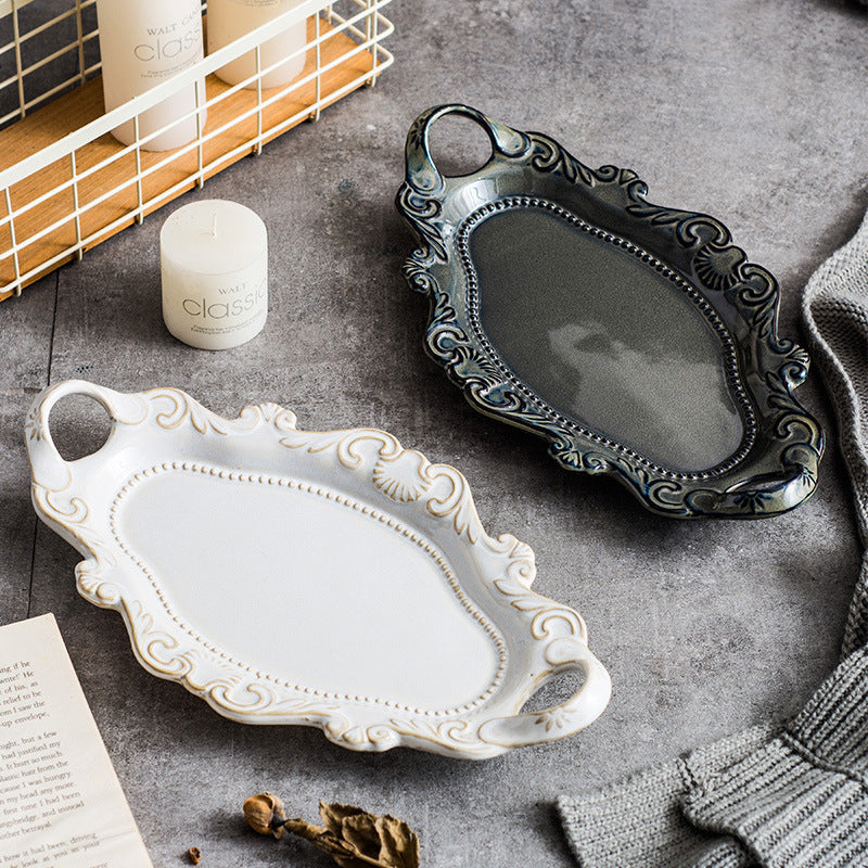 European Retro Style Salad and Dessert Plate Set - White & Blue Porcelain