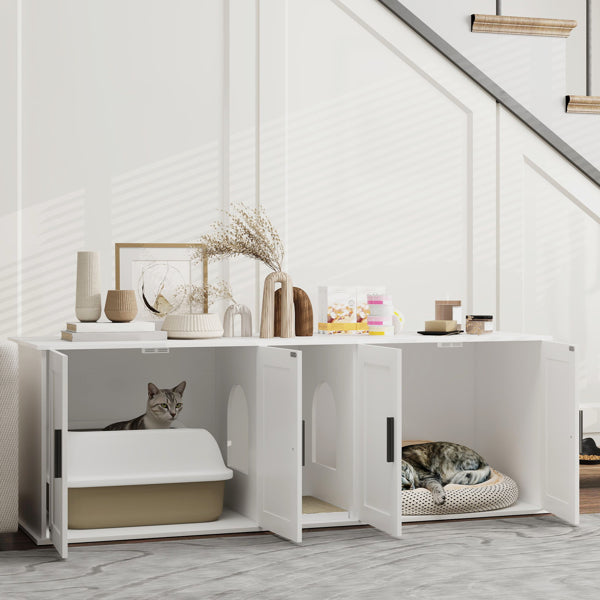 Wooden Cat House with Storage and Scratching Mat - White Pet Furniture