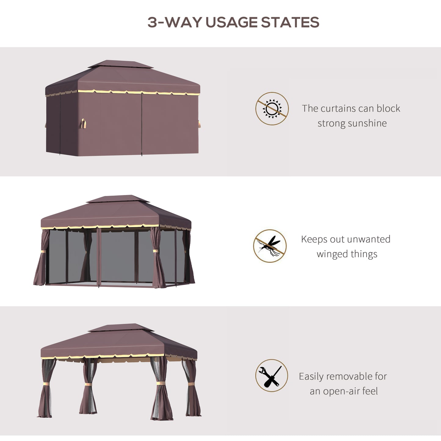 Outdoor Aluminum Frame Gazebo with Double Roof & Curtains - Coffee