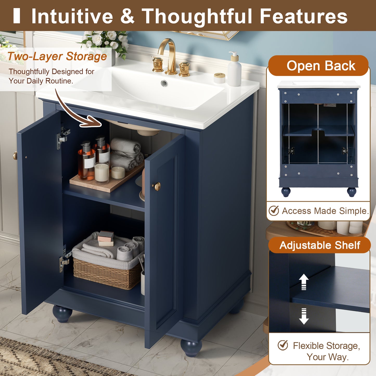24-Inch Blue Bathroom Vanity Cabinet with Ceramic Sink