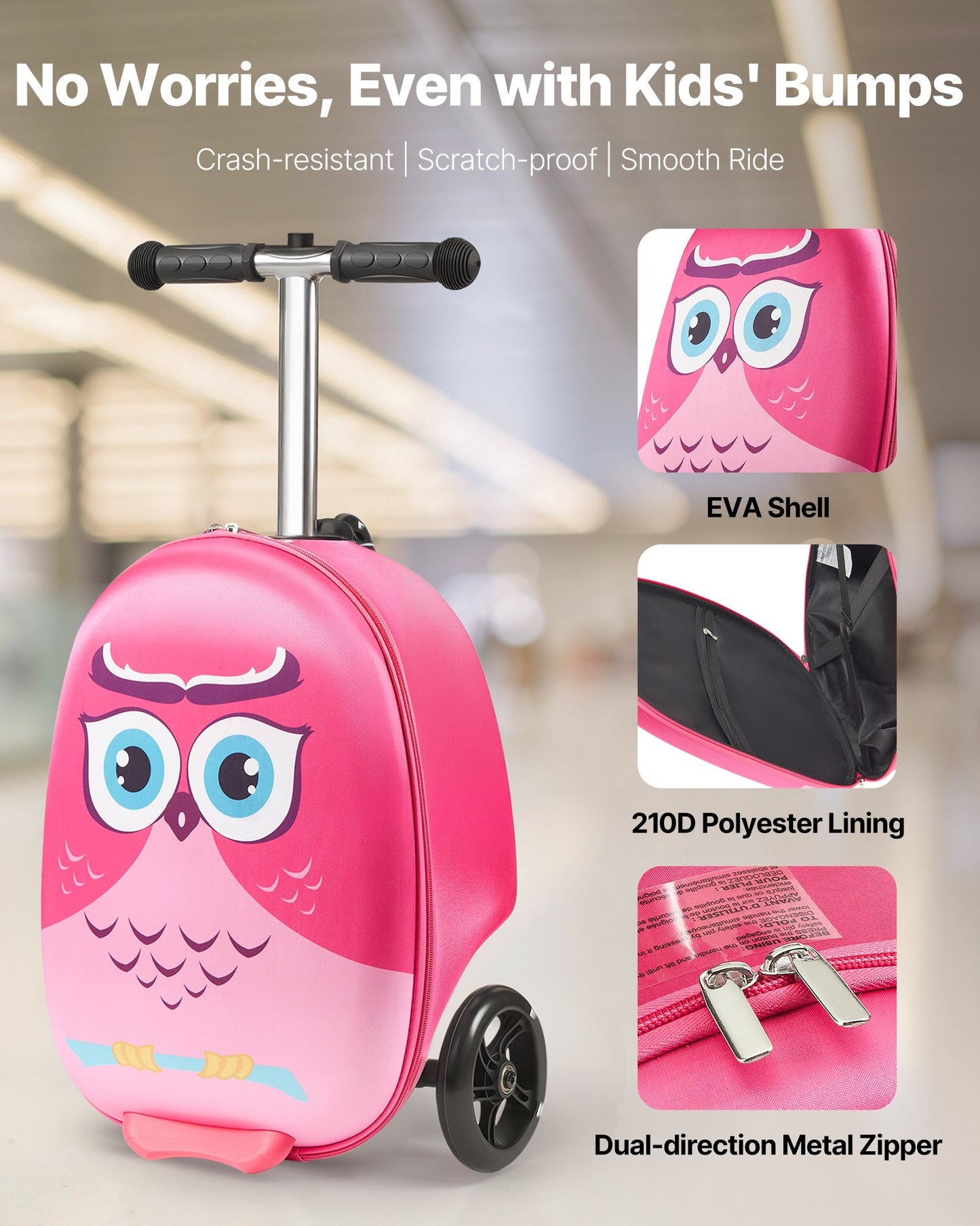 Kids Ride-On Luggage 20-Inch Pink Scooter Suitcase with Flash Wheels