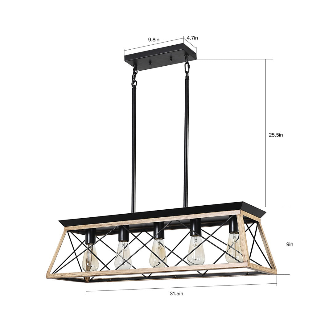 32-Inch Oak Industrial 5-Light Pendant Chandelier - Adjustable