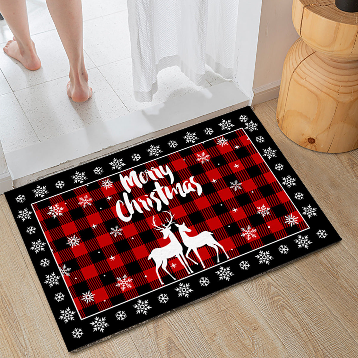 Christmas Non-slip Door Mat Black Red Plaid Decorative Carpet