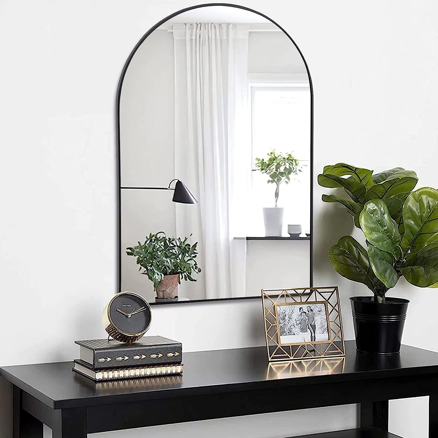 20x30 Inch Black Metal Framed Arched Bathroom Mirror