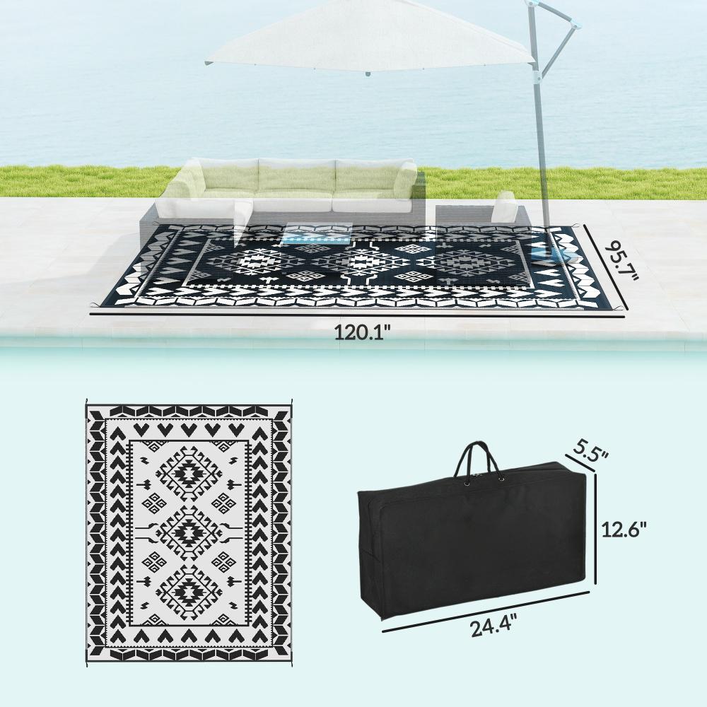 Reversible Waterproof Outdoor Rug - Black & White Rhombus, 8' x 10'