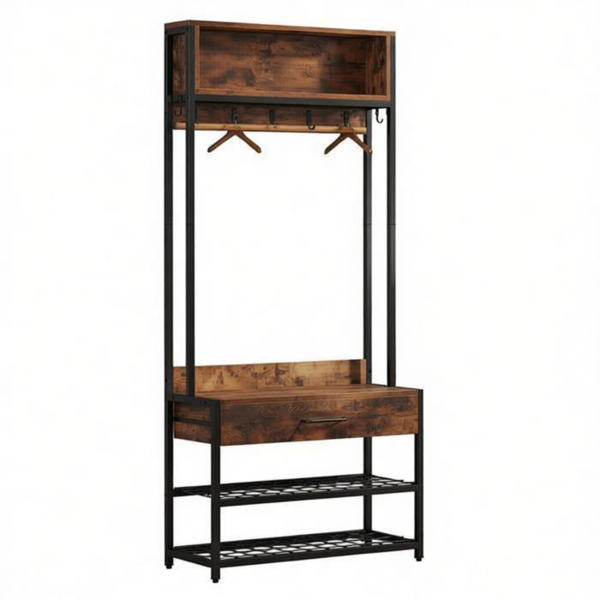 3-in-1 Coat Rack with Bench and Shoe Storage - Black Metal