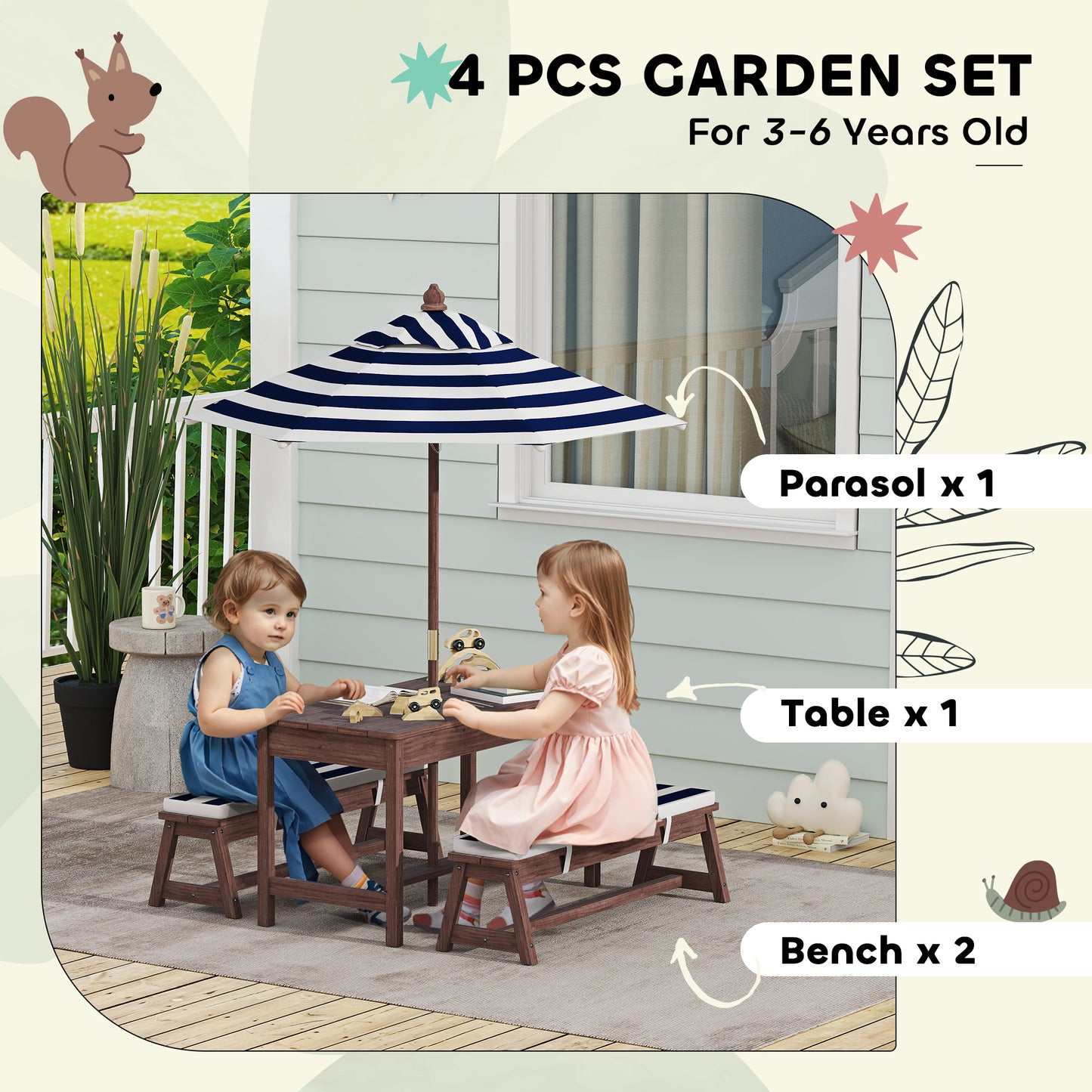 Kids Wooden Picnic Table Set with Cushions & Umbrella - Navy Blue