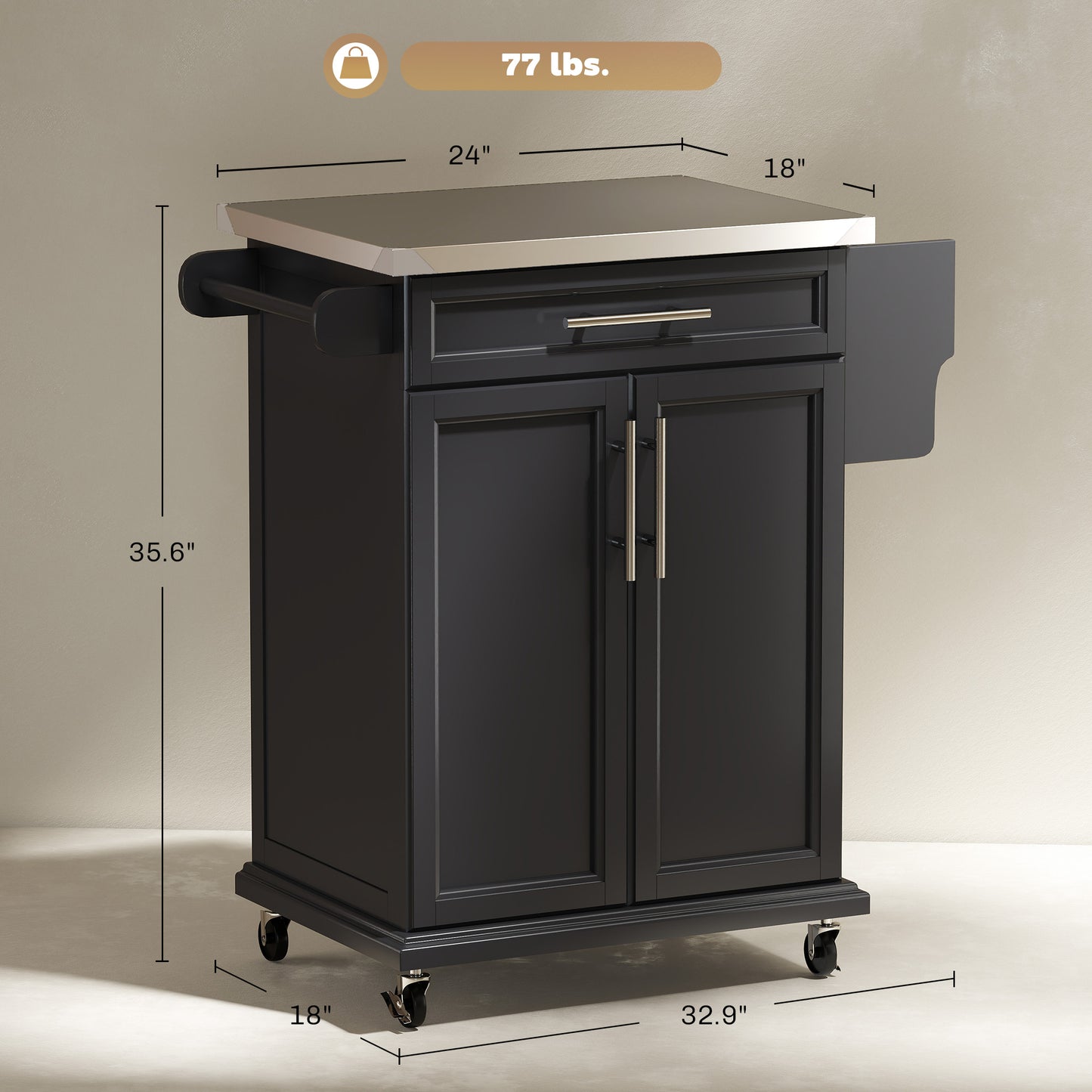 Rolling Kitchen Island Cart with Stainless Steel Top & Storage - Black