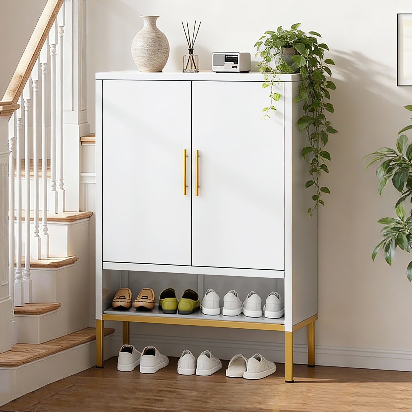 40-Inch Tall 2-Door Metal Shoe Cabinet - 7-Tier Organizer in White