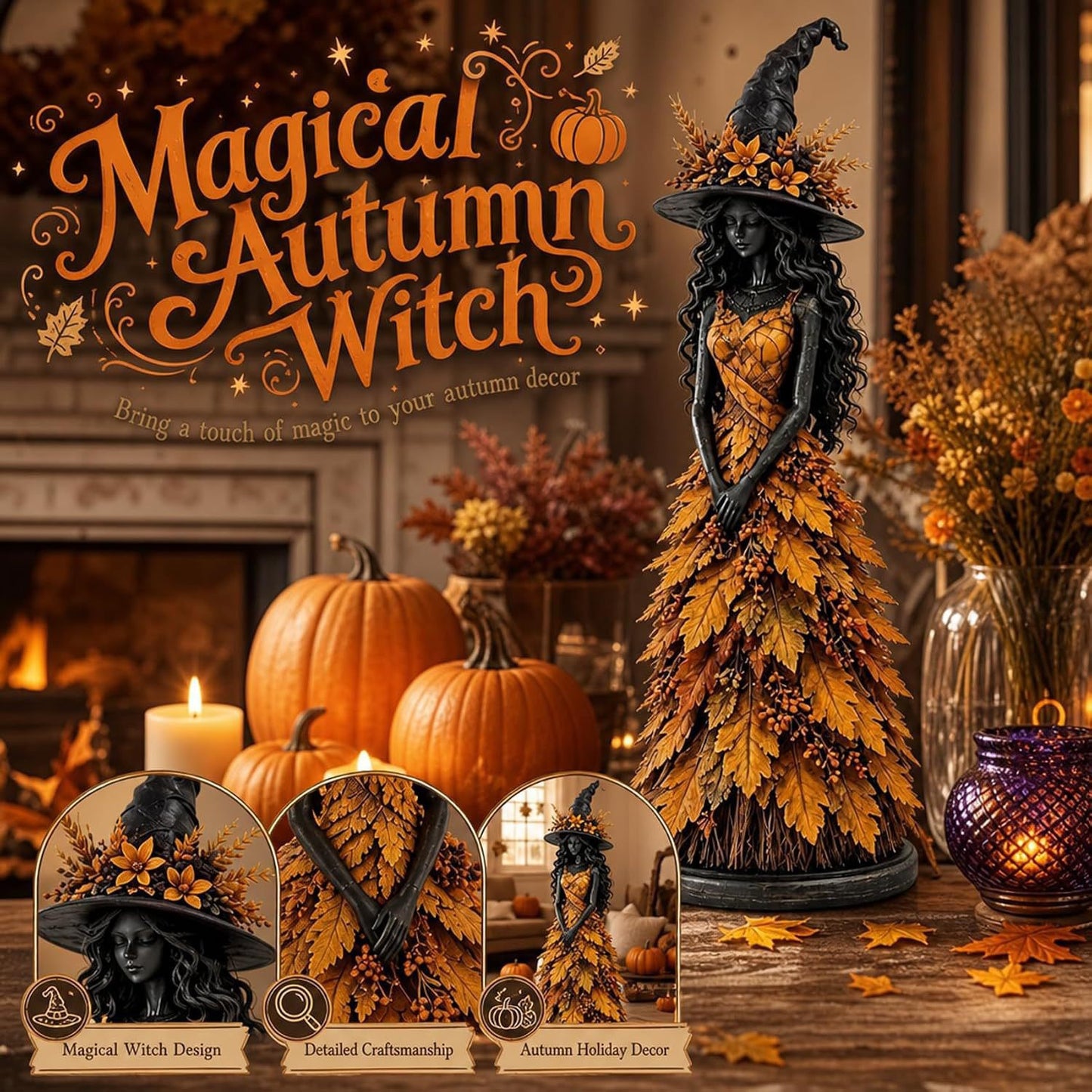 Halloween Witch Statue for Home Decor - Autumn Resin Ornament