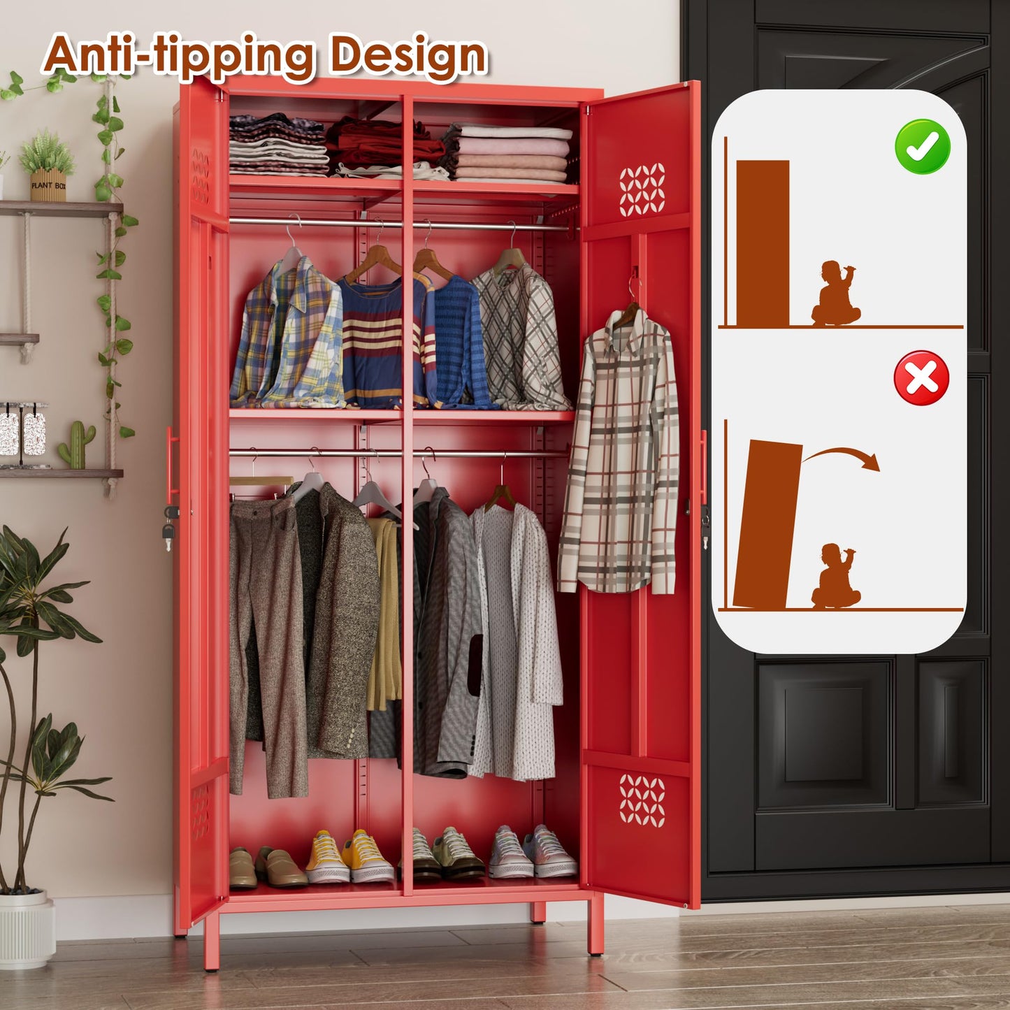 Metal Wardrobe Cabinet with Adjustable Shelves - Red