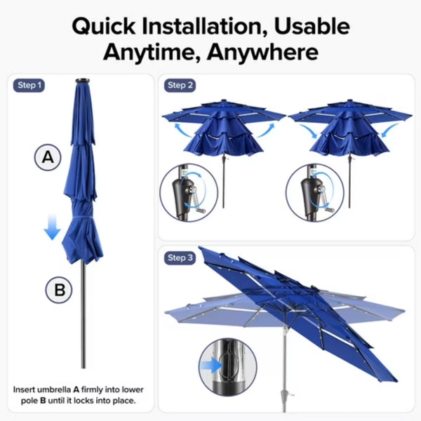 10 FT 3-Layer Solar Patio Umbrella with LED Lights & Adjustable Tilt Navy Blue