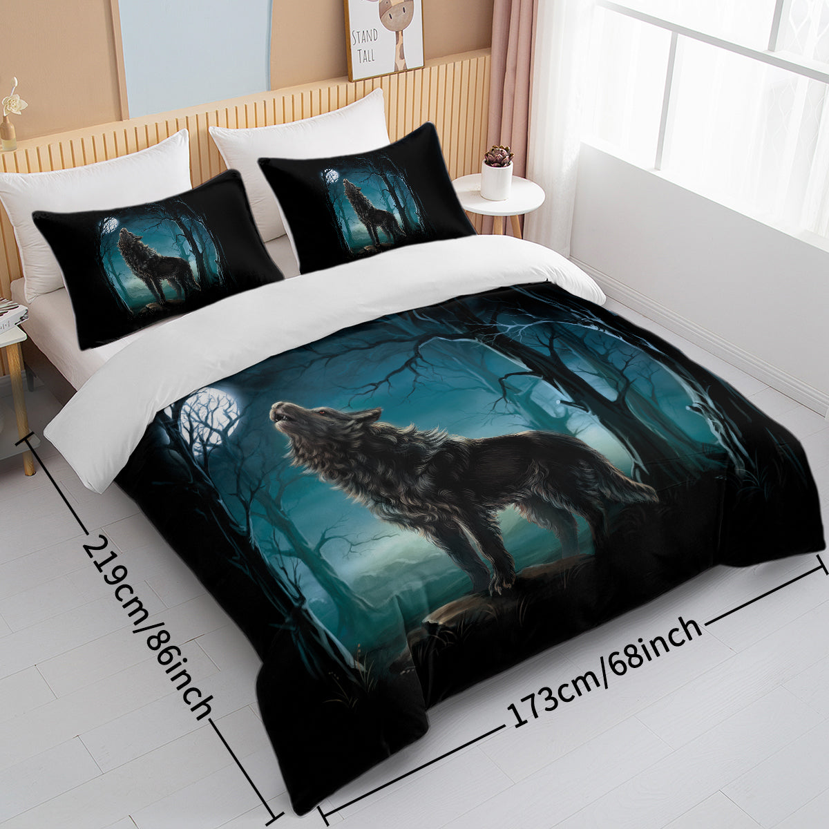 Moon Wolf Duvet Cover Set - Watercolor Forest Design, 3 Pieces