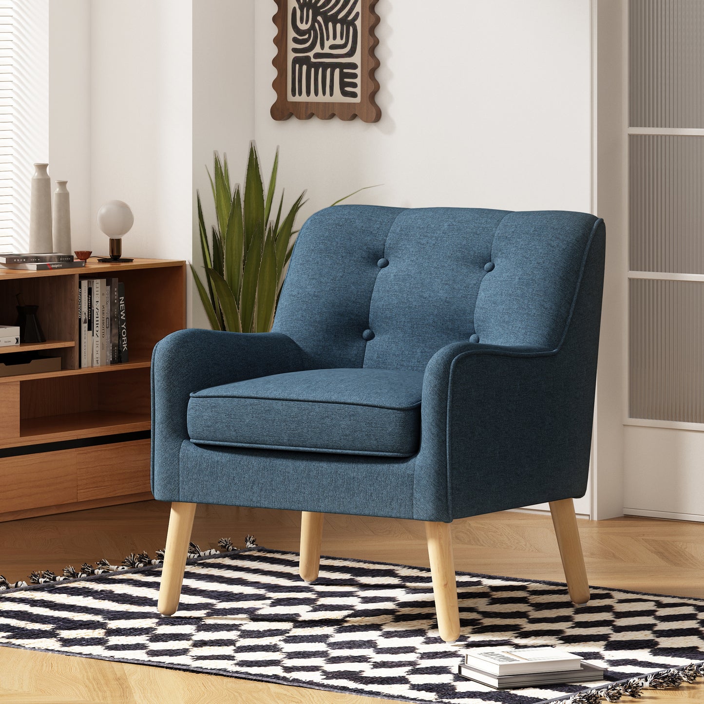 Mid-Century Modern Blue Accent Chair - Tufted Fabric with Wood Legs