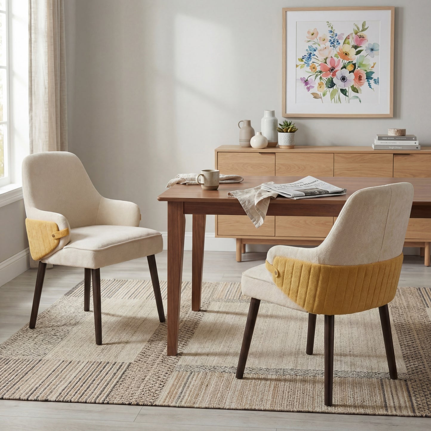 Indoor Dining Chair Set of 2 - Beige & Yellow Accent Armchairs
