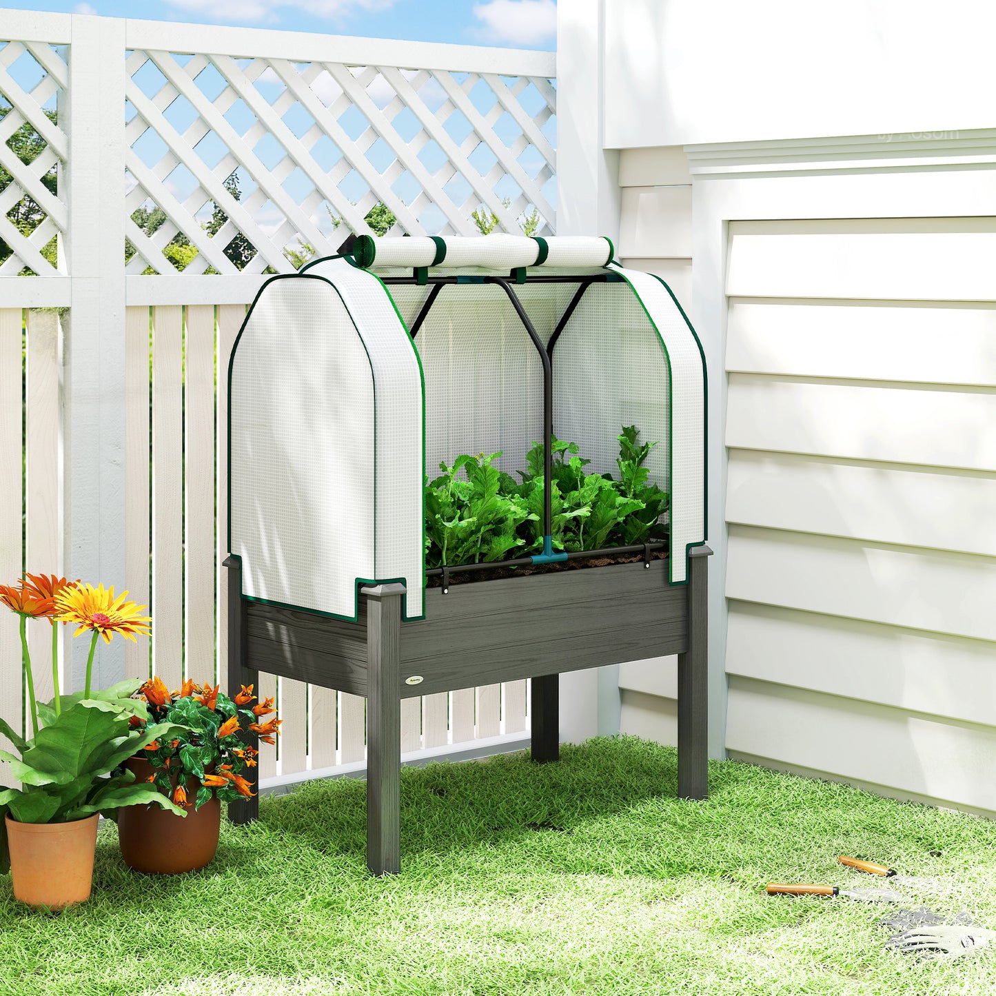 Outdoor Raised Garden Bed with PE Greenhouse Cover - 35x22x47 Inch Planter Box