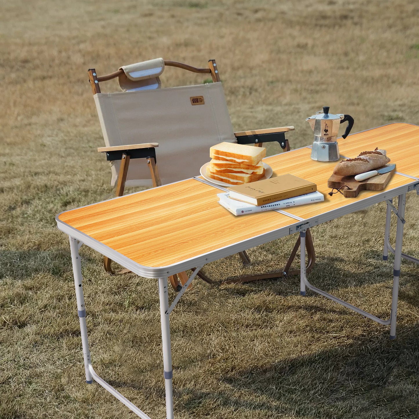6ft Wood Grain Folding Table - Aluminum Alloy Tri-Fold Design