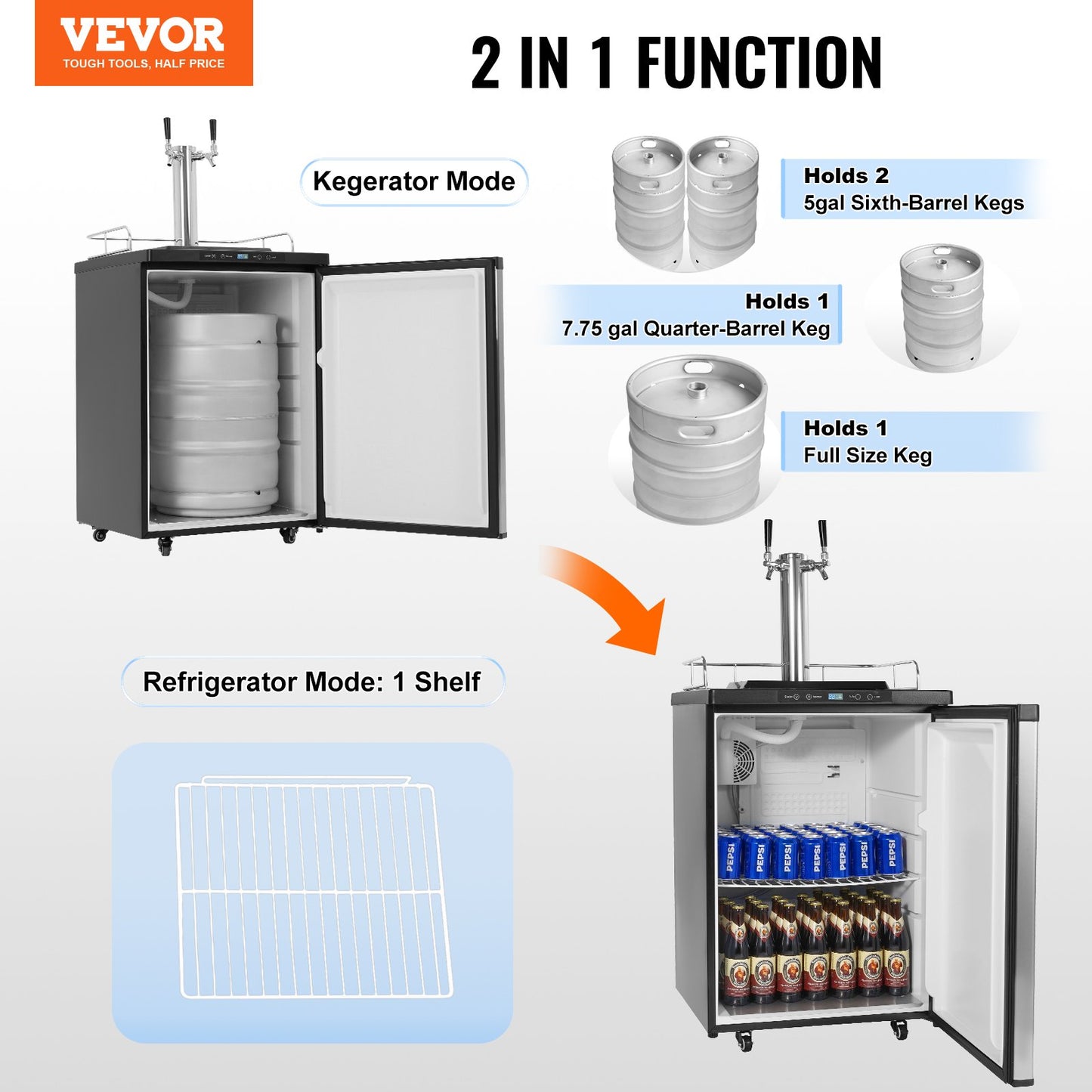 Full Size Dual Tap Beer Kegerator Dispenser with Temperature Control - Black