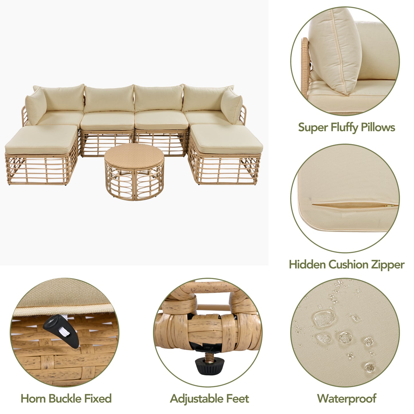 GO 7 Pieces Outdoor Patio Furniture, All-Weather Rattan Sectional