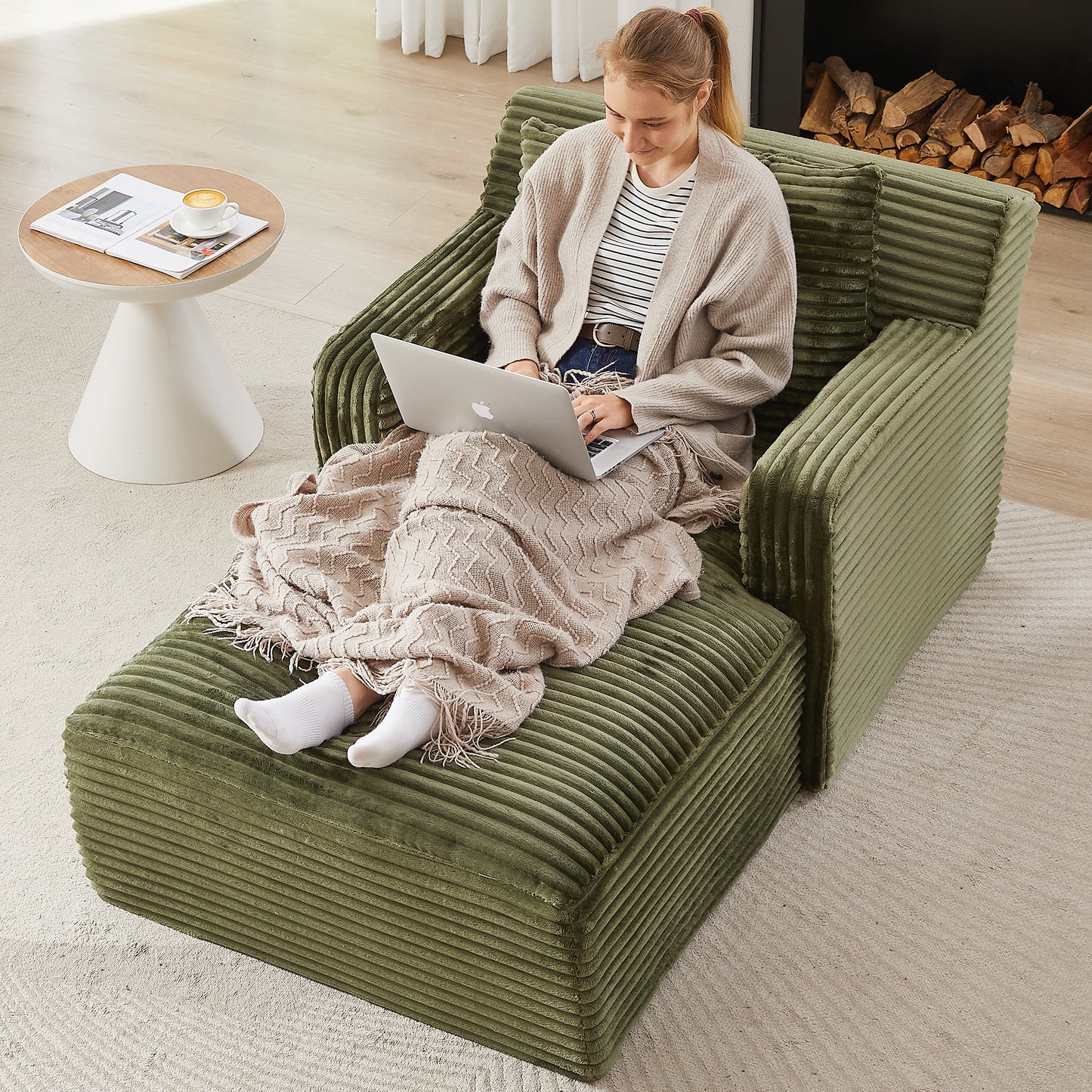 Indoor Single Chaise Sofa, Modern Corduroy Upholstery, No Assembly