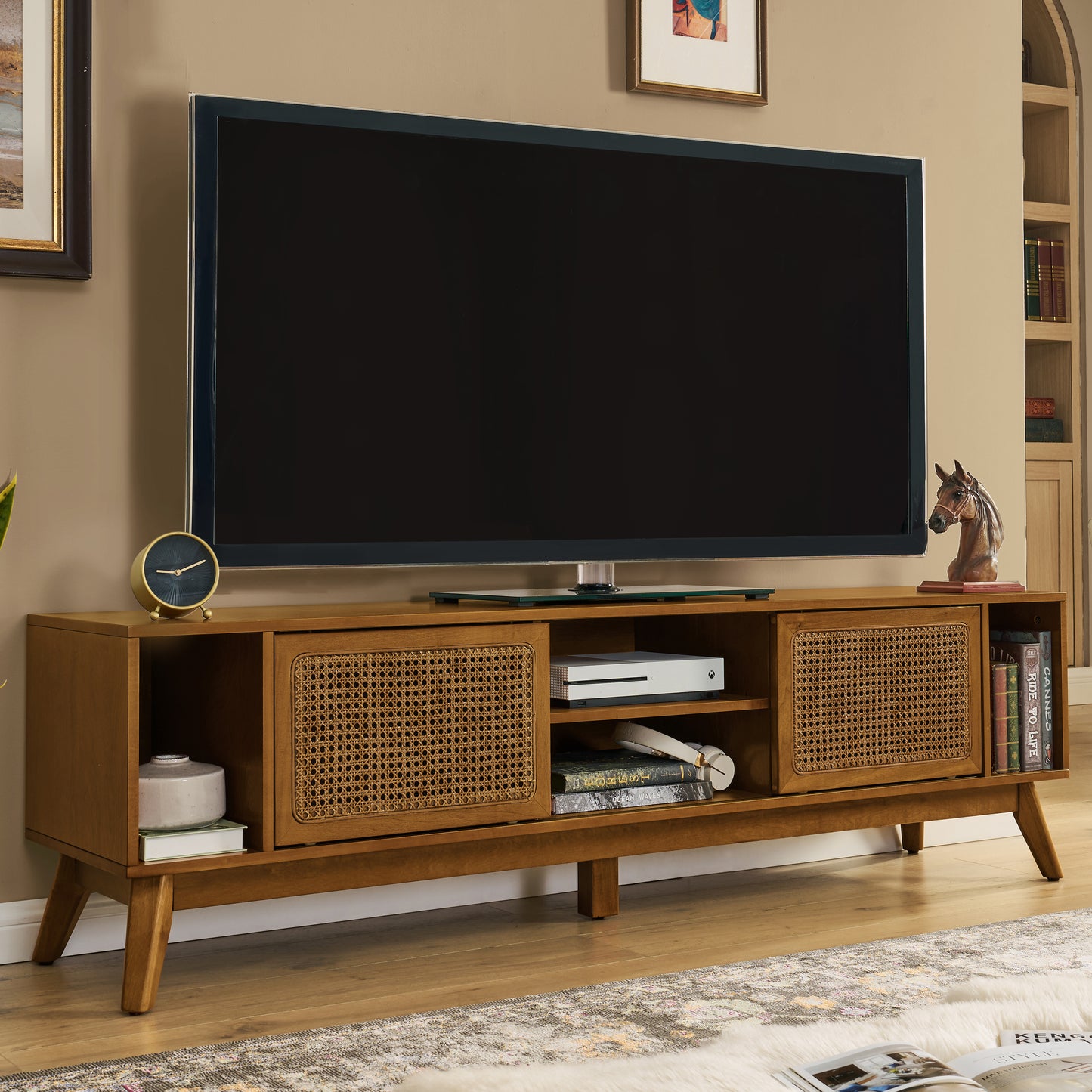 67.9-Inch Mid Century Modern Rattan TV Stand for TVs Up to 75" - Walnut Brown