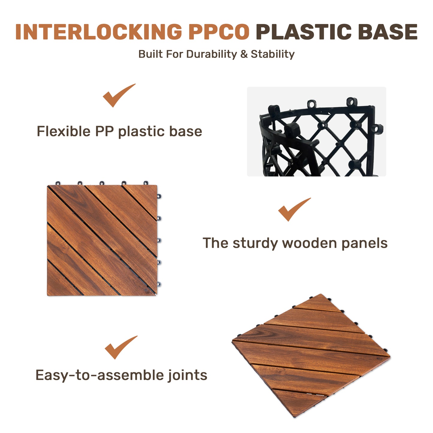 10 PCS Interlocking Acacia Wood Deck Tiles - 12" x 12" Brown