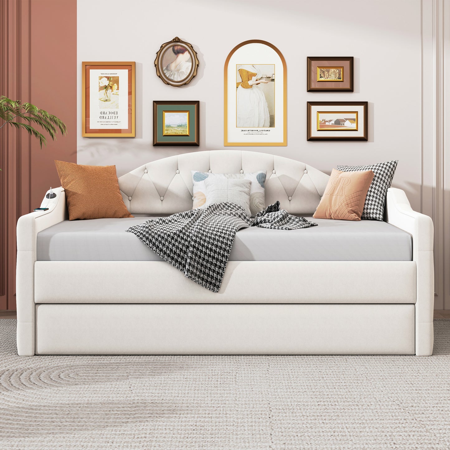 Twin Size Tufted Upholstered Daybed With Trundle ,Velvet Sofabed